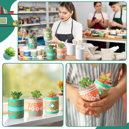 SiliFine Set of 11 Paint Your Own Kit DIY Flower Pot Painting Includes 8 Pcs Unpainted Ceramic Succulent Planters 2 Pcs Color Paints 1 Set Paint Brushes for Classroom Craft Activity (Bohemian)