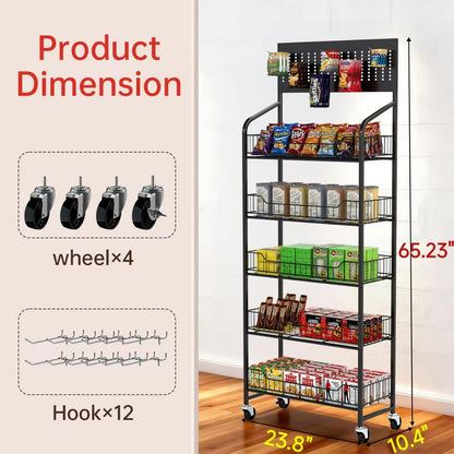 5-Tier Metal Display Rack Large Snack Shelving Unit with Hanging Panels and 12 Hooks 4 Casters for Easy Mobility Freestanding Display Unit Ideal for Supermarkets and Retail Stores (65.23H*23.8W*10.4D)