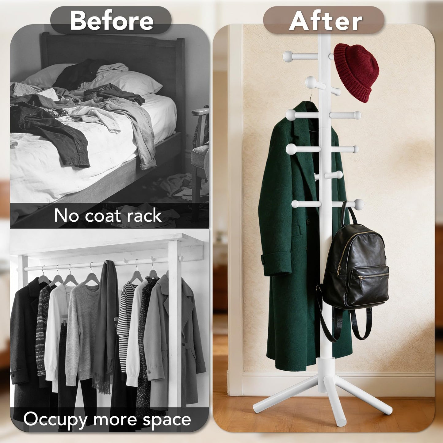 ACIPENSER Wooden Coat Rack Freestanding with 12 Hooks 3 Adjustable Heights，Standing Coat Rack Tree for Hat and Coat Rack for Small Spaces Entryway,Office,Bedroom,White