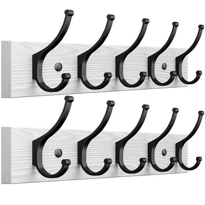 Optish 2 Pack Wooden Coat Rack Wall Mount, 16.1" Rustic Coat Hanger Hooks with 10 Double Hooks, Wall Coat Rack for Hat, Clothes, Bags, Jacket, Brown, White