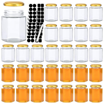 Haneye 6 oz Hexagon Glass Jars with Gold Lids, 30 Pack Honey Jars Canning Jars Small Spice Jars for Jelly, Herb, Jams, Candy, Wedding Favors, Includes Labels and Pen
