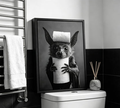 Funny Bat Bathroom Framed Wall Art, Black and White Cute Bat with Toilet Paper Wall Decor, Humorous Animal Bathroom Canvas Print for Restroom, Powder Room, Toilet, Home Decoration 8x10 Inch