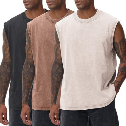 SnowElve 3 Pack Mens Workout Tank Tops Sleeveless Tee Shirts Men Muscle Shirt Gym Acid Wash T Shirts Running Beach Loose Fit Tee(ACCFBK,XL)