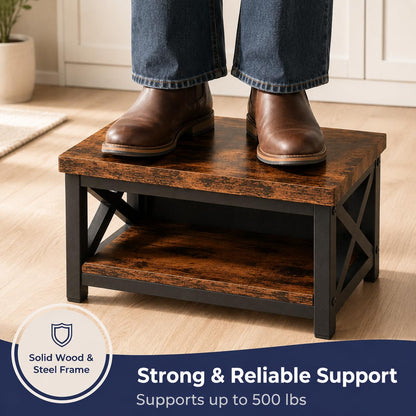 Wooden Step Stool for Adults – 8” Bed Step Stool with Storage Shelf, Anti-Slip Feet, Heavy-Duty Steel Frame, 500 lb Capacity – Rustic Brown
