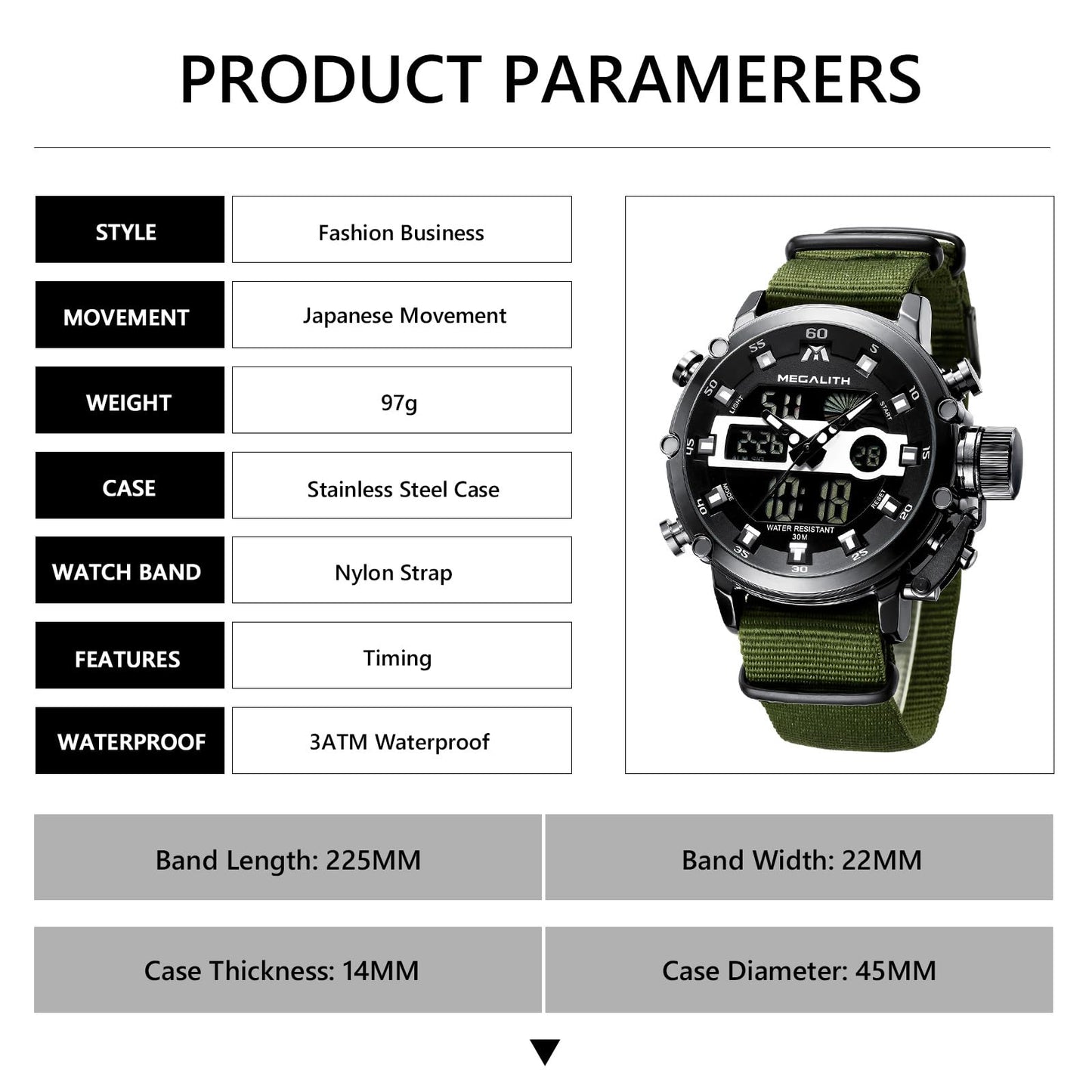 MEGALITH Mens Watches with Nylon Waterproof Digital Military Sport Tactical Multifunction Heavy Duty Led Black Watch for Men, Alarm Stopwatch