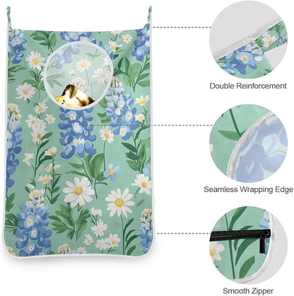Mint Green Bluebonnet and Daisies Hanging Laundry Hamper Door Hampers Bag Basket