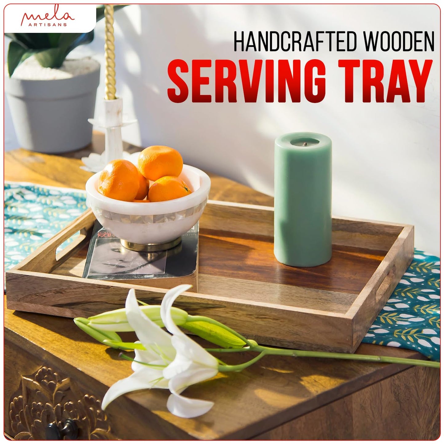 Mela Artisans 15” x 10” x 1.75” Mango Wood Serving Tray with Handles – Rectangular Edge Natural Finish – Handcrafted Wooden Serving Board for Breakfast, Coffee & Home Décor