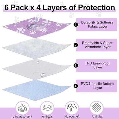 BEAUTYZOO 6 Pack Washable Pee Pads for Dogs, Reusable Puppy Pads for Potty Training, Waterproof Super Absorbent Whelping Pads Mats Non Slip Against Urine for Small Medium Dogs Cats, 16" x 24"