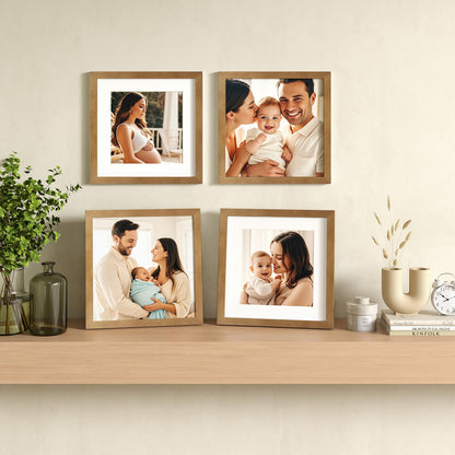 Egofine 11x11 Picture Frames 4 Pack Covered by Plexiglass, Display Pictures 8x8 with Mat or 11x11 Without Mat Made of Solid Wood for Table Top Display and Wall Mounting Photo Frame, Light Brown