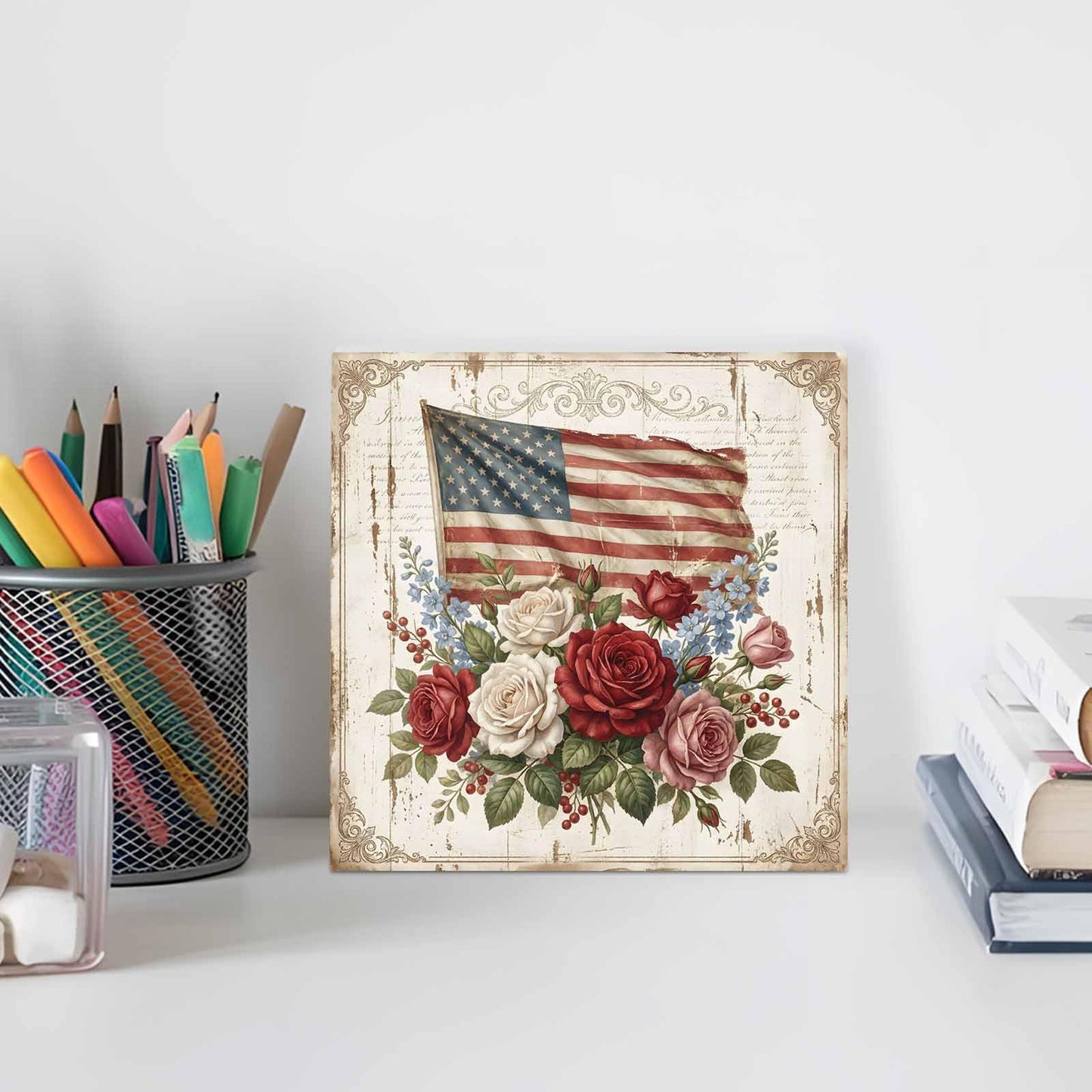 Independence Day Wood Box Sign Desk Decor, Retro American Red White Pink Rose Blue Flowers Decorative Wooden Block Box Sign Decorations for Home Office Shelf Table Decor 6x6 Inches