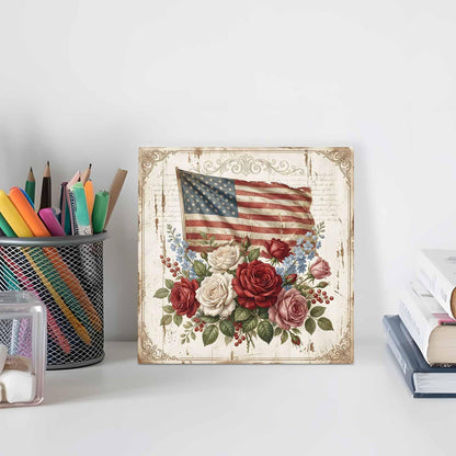 Independence Day Wood Box Sign Desk Decor, Retro American Red White Pink Rose Blue Flowers Decorative Wooden Block Box Sign Decorations for Home Office Shelf Table Decor 6x6 Inches
