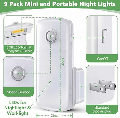 Enhon 9 Pack Emergency Power Failure Night Lights, Motion Sensor Night Light, Automatic Dusk to Dawn, Emergency Lights for Home, Bedrooms, Hallways, Black Outs, Rechargeable