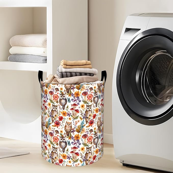 Charming Owl with Mushroom and Floral Laundry Basket with Handles, 19.7"x15.7"