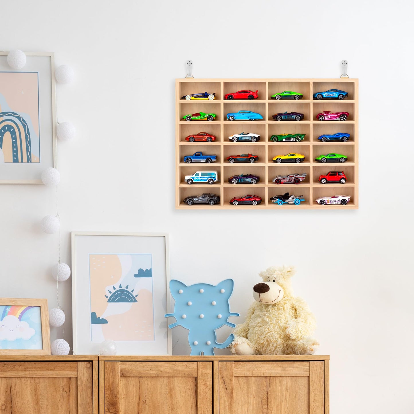 Stylish Wood Toy Cars Display Case, Wall-Mountable Organizer for Toy Cars and Matchbox Cars, Includes Hanging Screws (Wood-24 Slots)