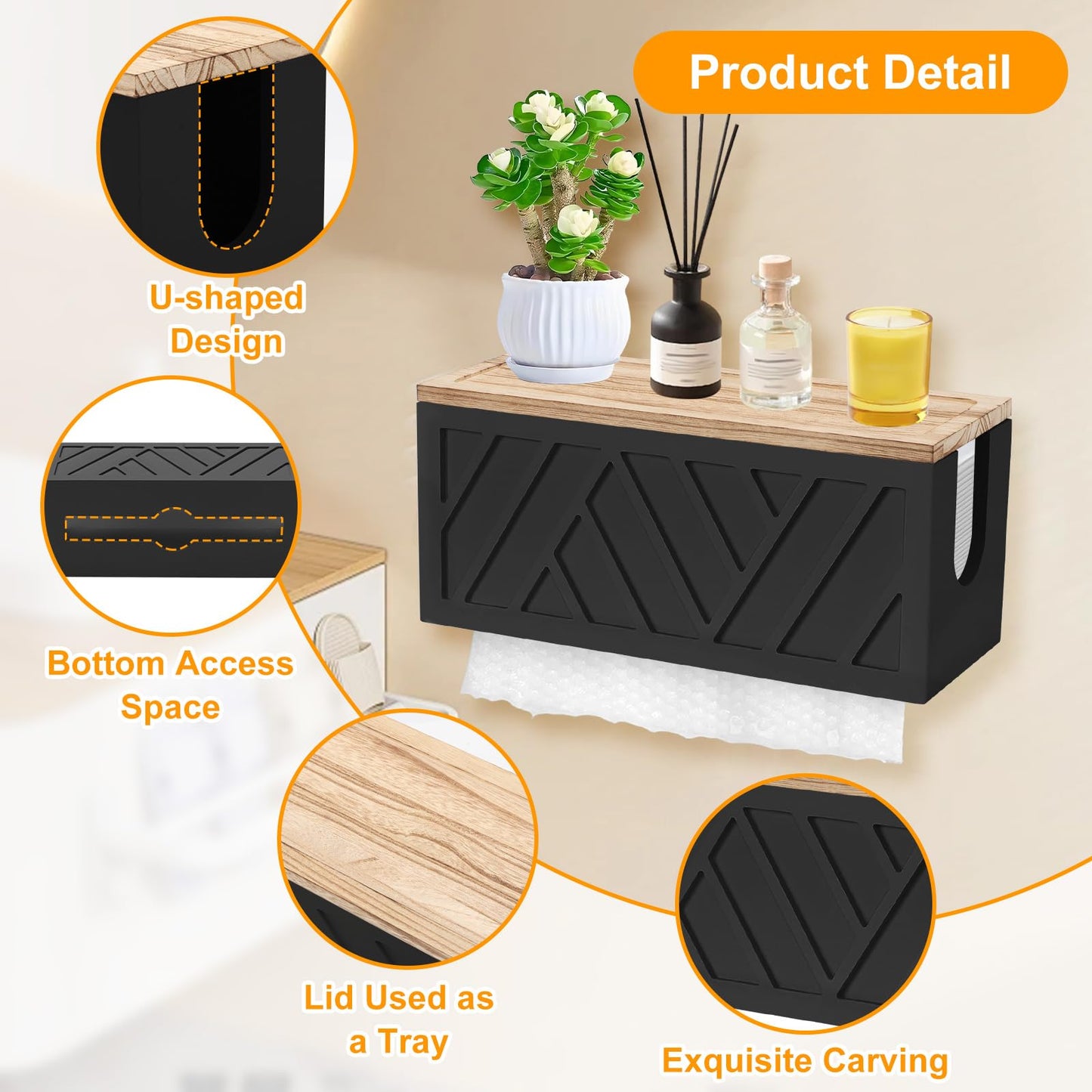 Qivine 2Pcs Paper Towel Dispenser Wall Mount, 2-in-1 Wooden Paper Towel Holder, Toilet Napkin Holder Dispenser with Lid Removable Top Tray for Bathroom Kitchen Decor Home and Commercial(2, Black)