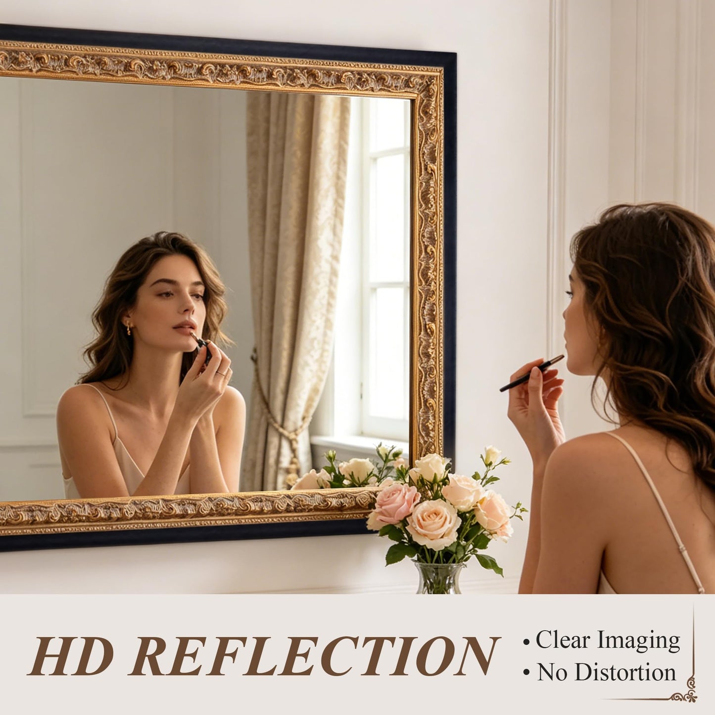 Autdot 52"x36" Wall Mirrors Decorative, Black Bathroom Vanity Mirror with Gold Foil Carvings Wooden Frame for Living Room, Entryway and Bedroom