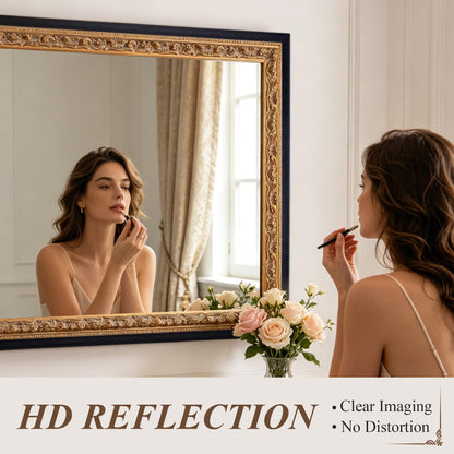 Autdot 52"x36" Wall Mirrors Decorative, Black Bathroom Vanity Mirror with Gold Foil Carvings Wooden Frame for Living Room, Entryway and Bedroom