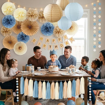 Dusty Blue Beige Champagne Birthday Decoration for Women Girl Boy Boho Neutral Happy Banner Tissue Pom Poms Paper Lanterns Fans Tassel Garlands Wedding Baby Shower Blue Birthday Party Decorations