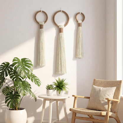 Tegeme 3-piece Macrame Wall Hanging Large Boho Wall Decor Set Extra Large Beige Boho Spherical Knot Tapestry with Long Fringe Handmade Cotton Yarn Art for Living Room Bedroom Nursery Dinning Room