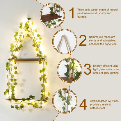 Artilady Artificial Ivy Macrame Hanging Shelves 3 Tier with Lights Boho Wall Decor, Rustic Wood Flaoting Shelf Plant Storage Rack for Bedroom Bathroom Living Room Nursery