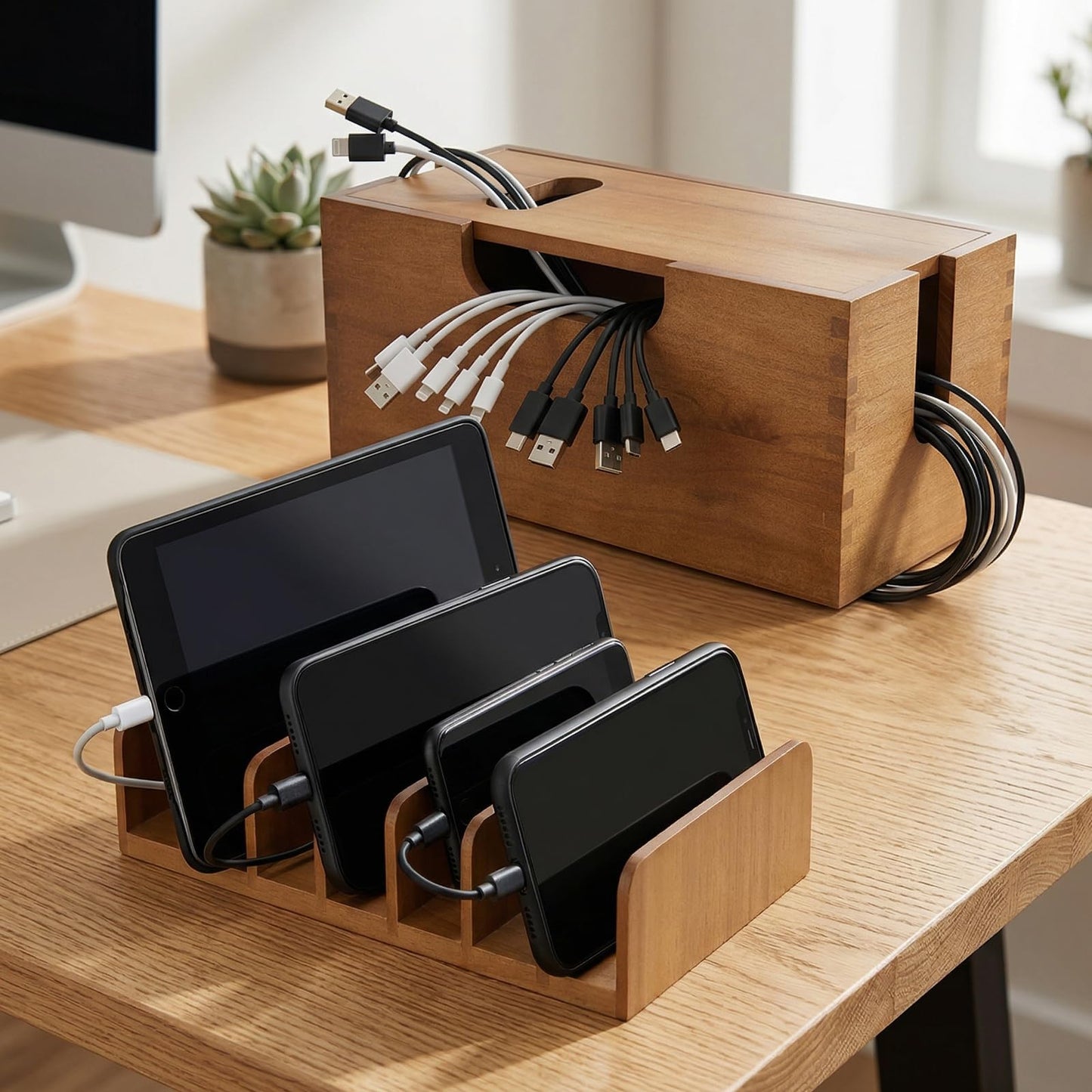 Gdfjiy Charger Organizer, Wooden Family Charging Station Organizer for Multiple Devices, Cable Management Box with Magnetic Lid, 7 Compartments Cell Phone Stand Tablets Holder, Desk Dock Space-Saving