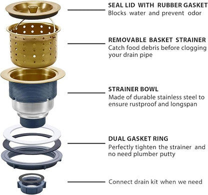 KONE 3-1/2 Inch Brass Sink Drain, Durable Stainless Steel Brass Kitchen Sink