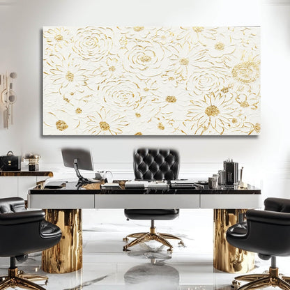 YJYart Large White Canvas Wall Art, Gold Flowers Wall Art for Wall Decor,Office Arts,Living Room or Bedroom Artwork Picture, Hallway Decoration 24"x48"