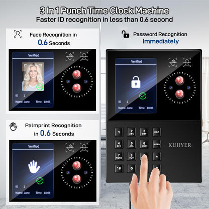 KUIIYER 3 in 1 Employees Time Clocks for Small Business (Face + Palm Print + Password) Employee Clock in & Out Machine Biometric Attendance Punch Clock Recorder Tracker (No Monthly Fee)
