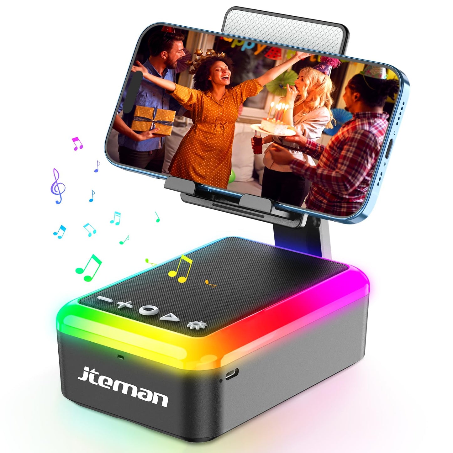 JTEMAN Gifts for Men Women, Cell Phone Stand with Bluetooth Speaker and Light, Portable Lanyard, Cool Tech Gifts for Dad Mom Husband, Unique Birthday Gift Ideas Black