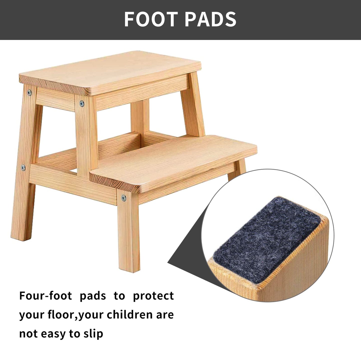 HOUCHICS Wooden Step Stool for Adults Kids, Solid Wood Bed Step Stool, Multi-Purpose 2-Step Stool for Kitchen, Bed, Bathroom with 260lb Load Capacity