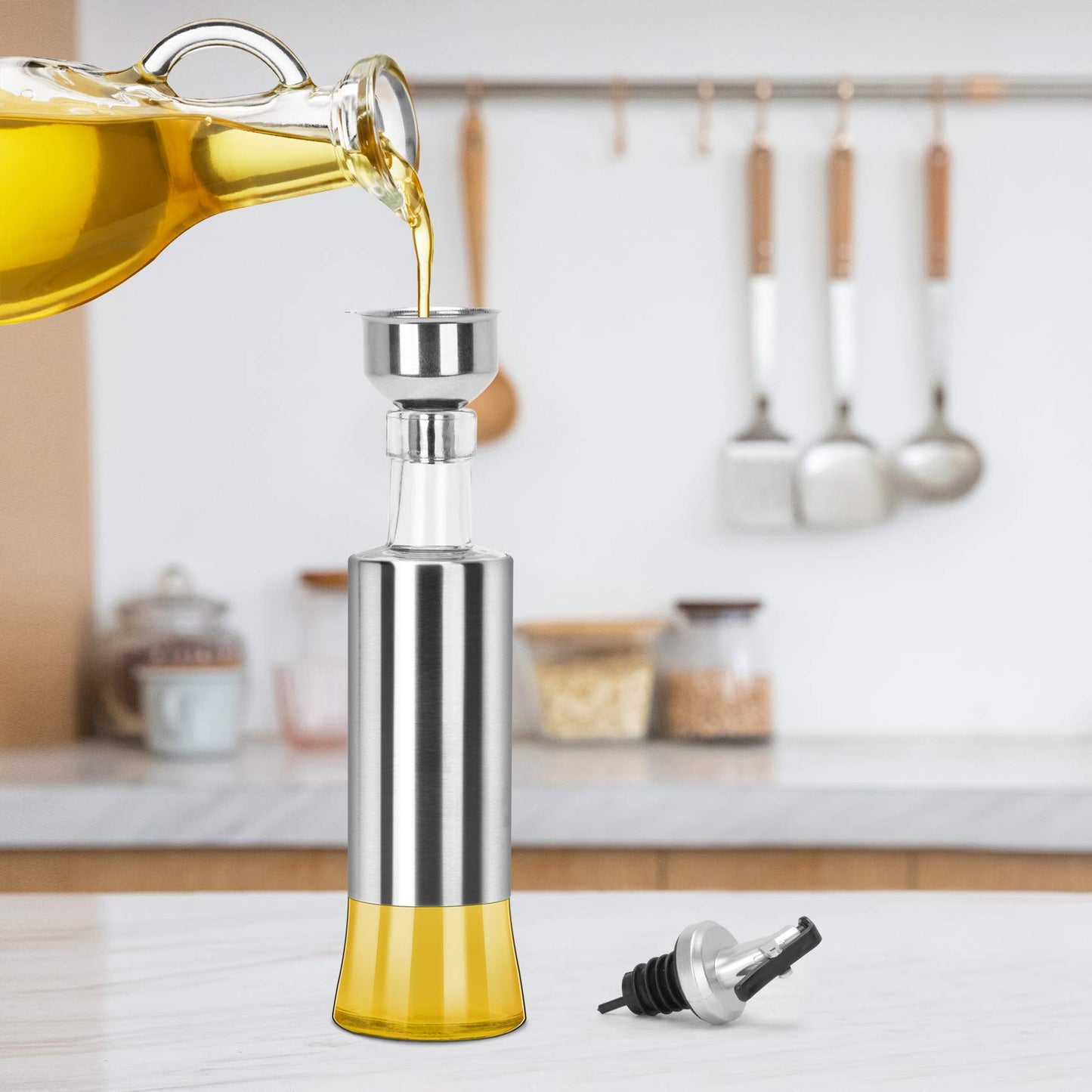 onlyfire Olive Oil and Vinegar Dispenser Set - 2Pack, 12 Oz Stainless Steel Oil Bottles Dispenser for Kitchen Cooking and BBQ (2PCS Funnel included)