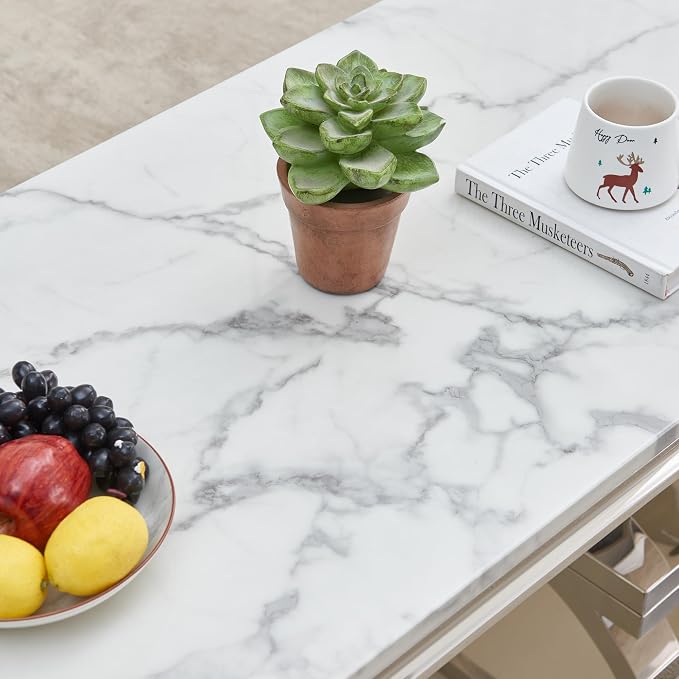 3 Piece Living Room Table Set Include 1 Faux Marble Coffee Table & 2 End Tables, Modern White Silver Coffee Table Set of 3 with Double O Shape Stainless Steel Pedestal Base