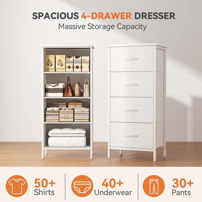 Sweetcrispy 4 Fabric Drawer Small Dresser, Bedside Nightstand with Wooden Top Sturdy Frame, Entryway Closet Bedroom Storage Cabinet Furniture for Dorm,White