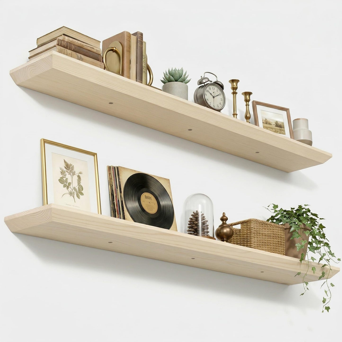 48 inch Floating Shelf for Wall, High End Solid Real Wood Shelf, Spruce Unfinished Wooden 24in Floating Shelves with Heavy Duty Bracket for Living Room Bedroom Office, 24 X 6.7 X 1.4 in, Set of 2
