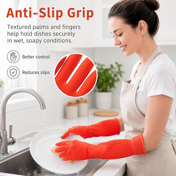 ThxToms Dishwashing Gloves, 2 Pairs Fleece Lined Rubber Dish Gloves for Washing Dishes, Waterproof Reusable Kitchen Cleaning, Long Cuff Anti Slip,Large