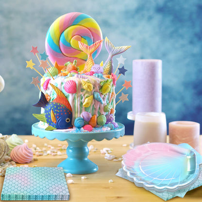 Gersoniel 40 Pcs Iridescent Mermaid Party Supplies Set, 20 Clam Shell Plates and 20 Scales Napkins Mermaid Party Decorations Disposable Paper Plates and Napkins Seashell for Birthday (Shell)