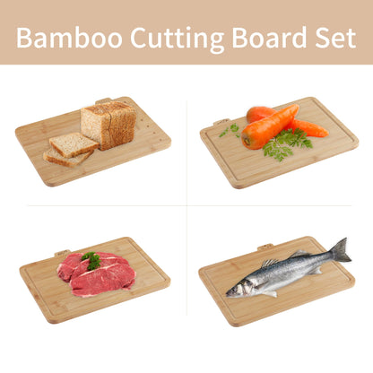 Fiery Chef 12.6"L x 9"W Bamboo Cutting Board Set of 4 - Wood Cutting Board Set with Holder, Chopping Boards Set with Food Icons, Juice Groove - Ideal for Meat, Fish, Bread, Vegetable, Fruit Chopping