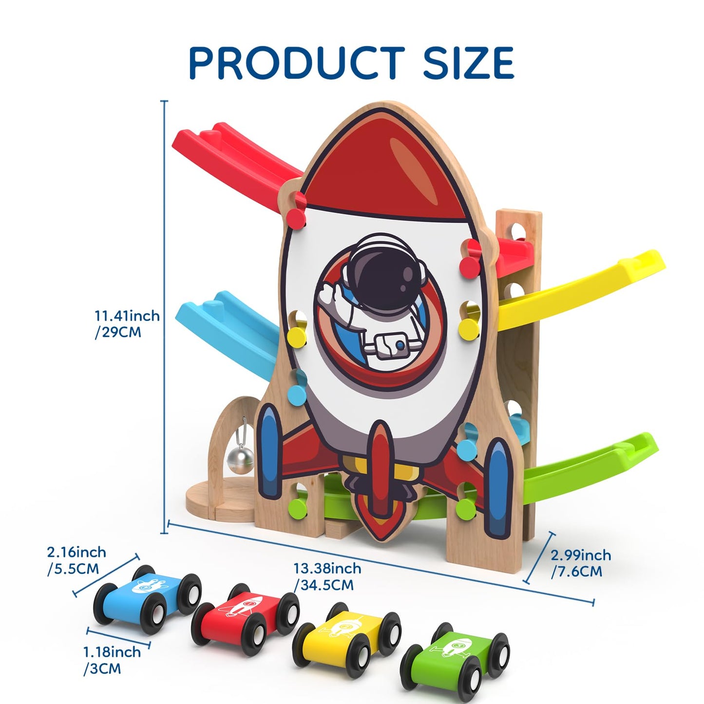 Letoiz Wooden Race Track for Toddlers 2-4, Rocket-Themed Car Ramp Racer Toy with 4 Cars, Bell Sound Zigzag Playset, Fine Motor Skills, Birthday for Boys and Girls