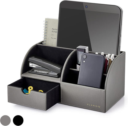 Vlando Office Desk Organizer Leather Desktop Organizer Caddy with Drawer for Storing Desktop Supplies and Accessories (Grey)