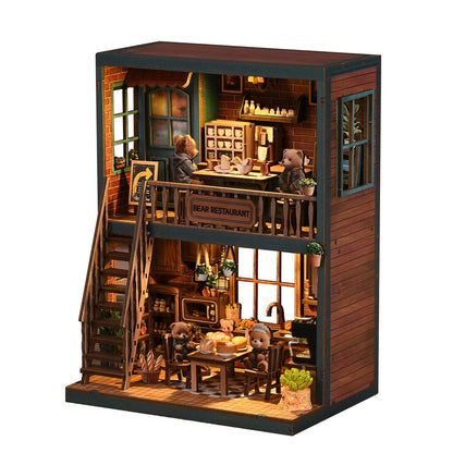 Hallisun DIY Miniature House Kit, Mini 3D Wooden Bear Restaurant Building Kit with Furniture and LED, Tiny Diorama Dollhouse Model Set, Handmade House Craft Birthday for Adults Teens
