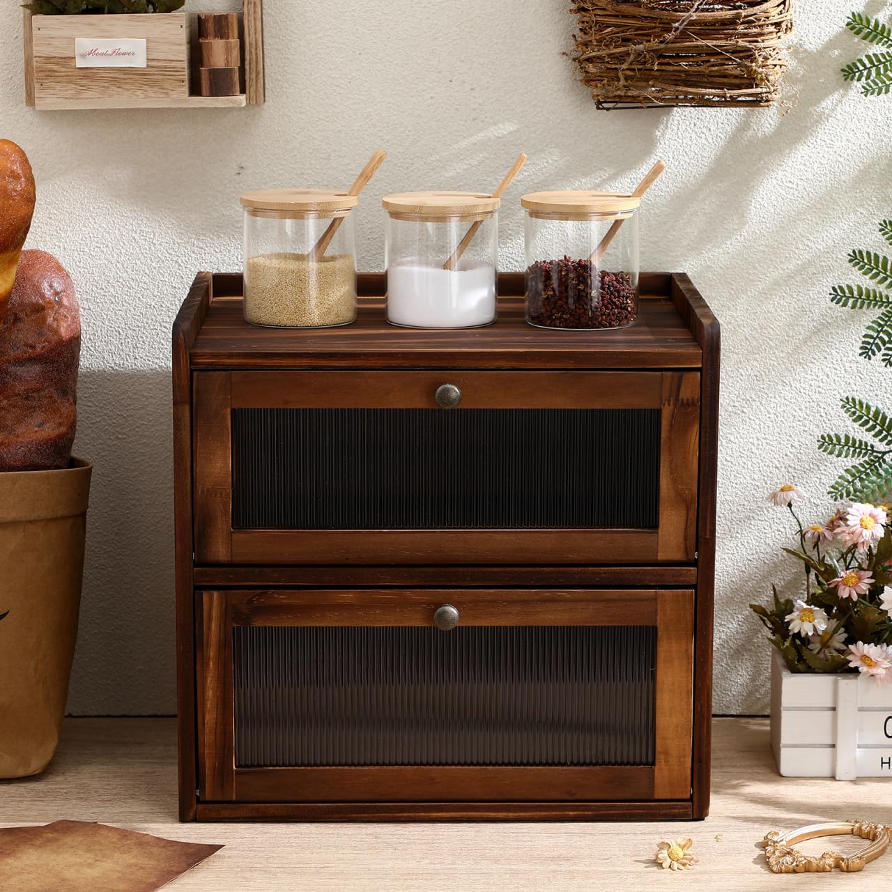 UKCOCO Wooden Bread Box 2 Layer Bread Box for Kitchen Counter Rustic Keeper with Ventilation Holes Magnetic Closure Front Windows Countertop Storage Organizer Brown