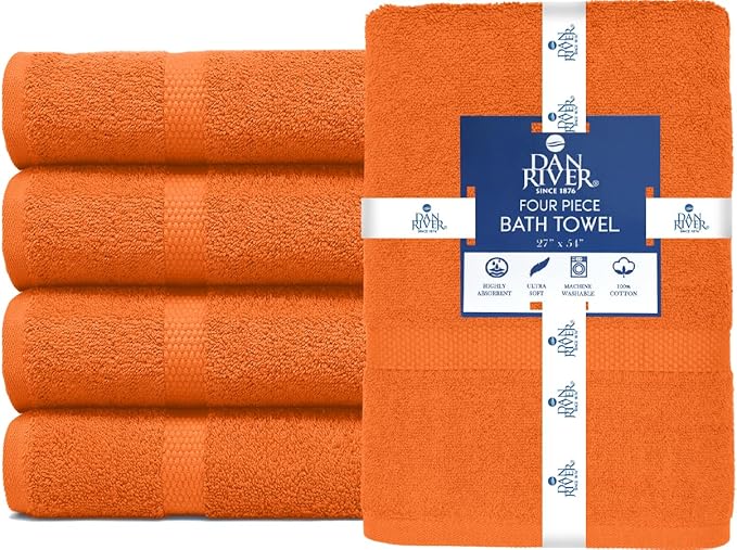 DAN RIVER Bath Towels Set of 4, 27 x 54 Inches, 100% Cotton, Larger & Lighter