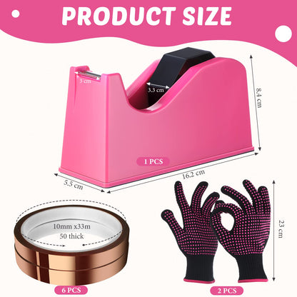 Sabary 9 Pcs Heat Tape Dispenser Set Pink Sublimation Tapes Dispenser Adhesive Roll Holder 2 Heat Press Resistant Gloves with Silicone Bumps 6 Sublimation Thermal Tape for Office Home