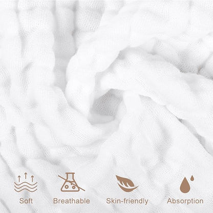 Yoofoss Muslin Baby Washcloths 100% Organic Cotton Face Towels 10 Pack Wash Cloths for Baby 12x12in Soft and Absorbent Baby Wipes (White)