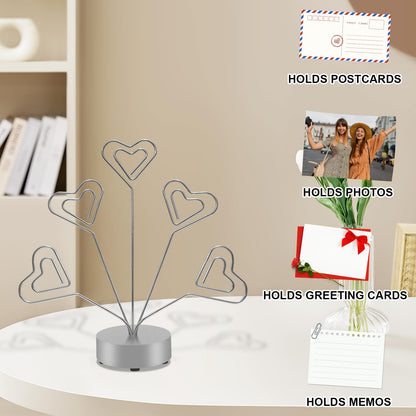 FaitAtten Desktop Heart-Shaped Photo Tree Style Holders Round Base,5-Branch Family Picture Frame Clips Holder Desk Card Display Stand for Christmas,Wedding, Birthday Party,Gift Silver