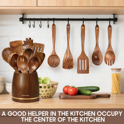 Spardar Wooden Spoons for Cooking, 12 Pcs Teak Wooden Utensil Set with 9 Pcs Spoons, Spoon Rest, 4.2" Utensil Holder, and Potholder for Kitchen Decor & Housewarming Gift