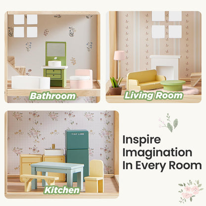 Tiny Land Wooden Dollhouse for Girls - 6 Rooms Wooden Doll House, DIY Pretend Doll House with 31Pcs Furniture Accessories, Creative Gift for Girl Ages 3+, Green