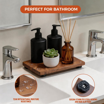 Teak Wood Decorative Small Tray, Bathroom Wood Riser for Decor, Kitchen Counter Wooden Pedestal Stand, Tray for Vanity, Sink & Soap (1, Teak Wood, 10.6" x 6.1" x 1")