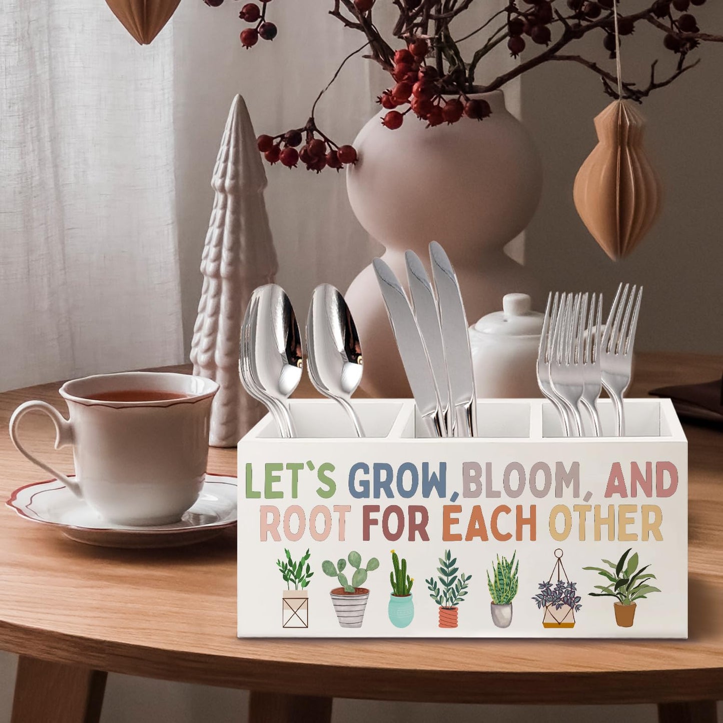 URLLUAE Boho Plant Classroom Wooden Pen Pencil Holder for Office Desk Accessories, Back to School Supplies for Students College Boys Girls Teachers First Day of School, Let's Root for Each Other