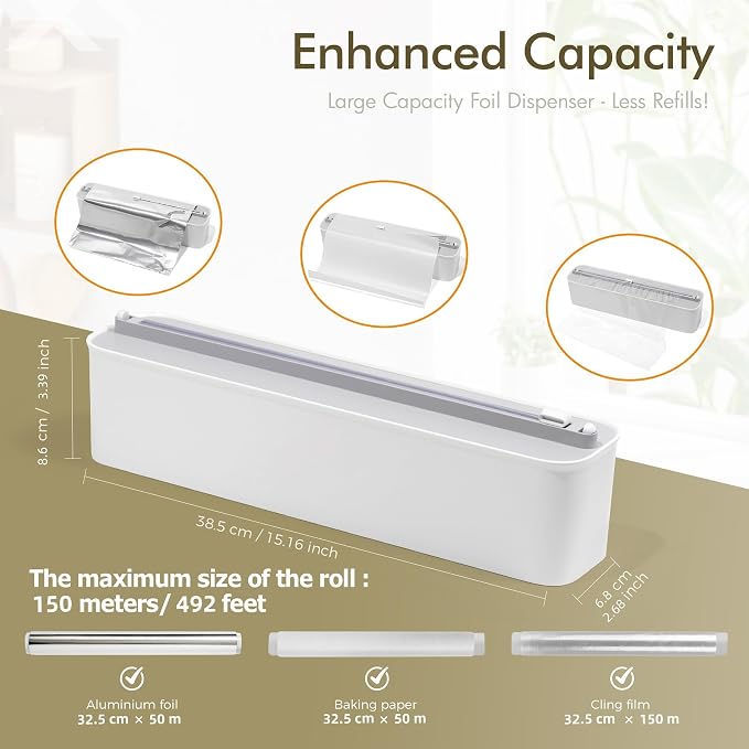 Aluminum Foil & Plastic Wrap Dispenser with Cutter - Magnetic & No-Drill Wall Mount, Cling Film Dispenser for Countertops & Cabinets, Space-Saving Kitchen Organizer - Fits 150 m Rolls, White